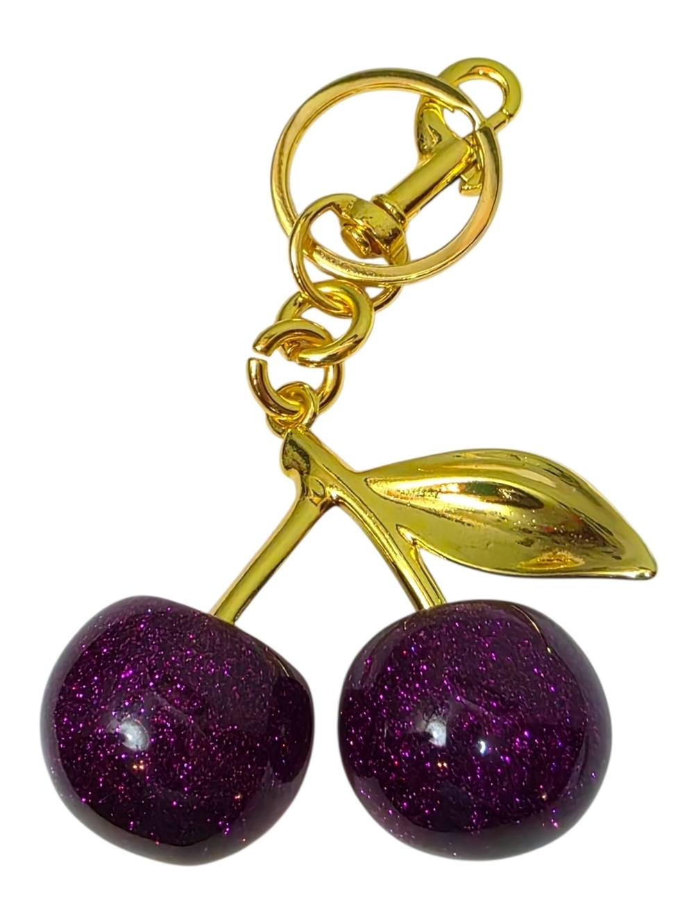 Large Purple Glitter Cherry Charm with shiny Gold Hardware